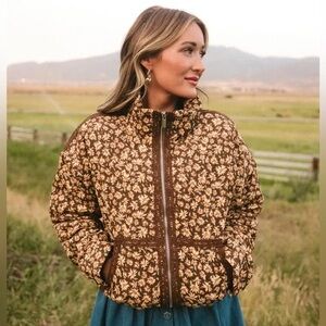 Ivy City Co. Tasia Corduroy Floral Brown Zip-Up Jacket